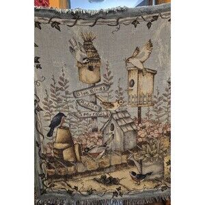 Birdhouse Tapestry Throw Blanket Afghan Bluebird Robin Sparrow 47x56 Giftable